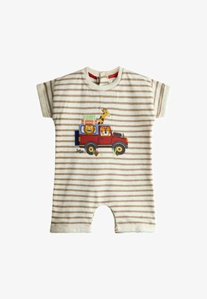 Beiger und weiß gestreifter Baby-Strampler mit einem roten Jeep auf der Vorderseite, der einen Löwen, Tiger, eine Giraffe und grünes Gepäck transportiert.