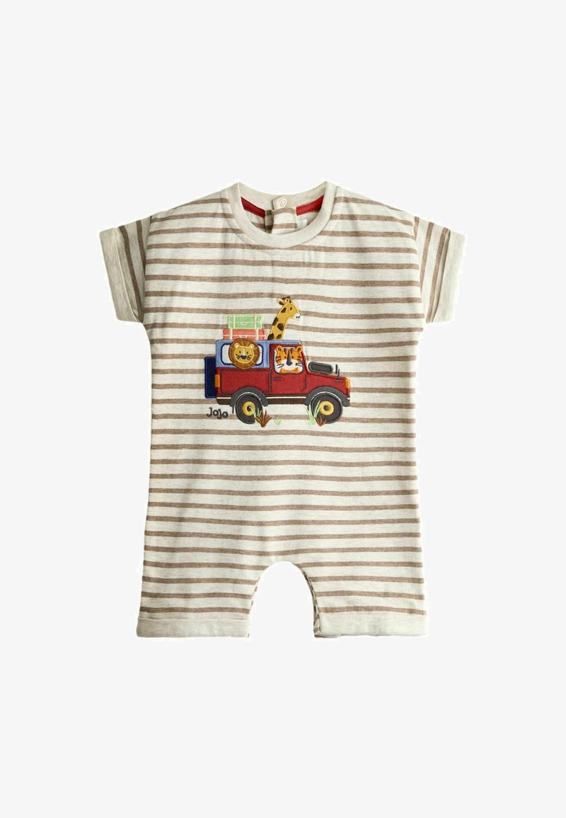 Combinaison pour bébé rayée beige et blanche avec un jeep rouge transportant un lion, un tigre, une girafe et des bagages verts sur le devant.