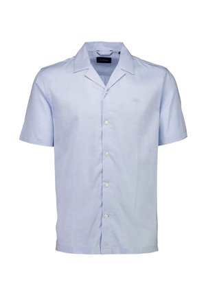 Lichtblauw overhemd met korte mouwen, knoopsluiting, een campkraag en een subtiel geborduurd logo op de borst.