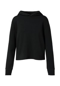 Czarna skrócona bluza z kapturem, uszyta z miękkiego materiału, z luźnym krojem, długimi rękawami i sznurkiem do regulacji kaptura. Prosty design bez wzorów.