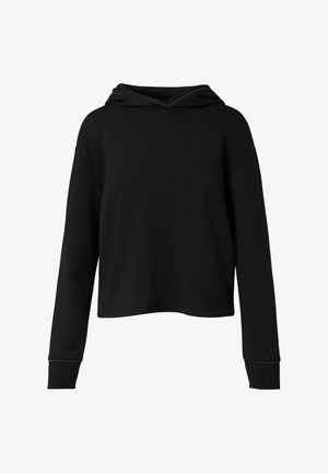 Black cropped hoodie made of soft fabric, featuring a relaxed fit, long sleeves, and a drawstring hood. Simple design with no patterns.
