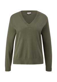Olijfgroen, lange mouwen trui met een V-hals en ribbelzoom. Beschikt over een zachte textuur en strakke lijnen, geschikt voor casual wear.