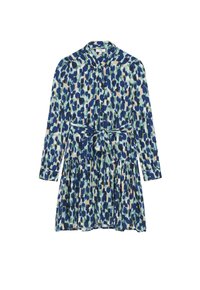 Vestido de camisa de manga larga en patrón abstracto azul, verde y beige, con cuello tipo camisa, cinturón en la cintura y falda fruncida.