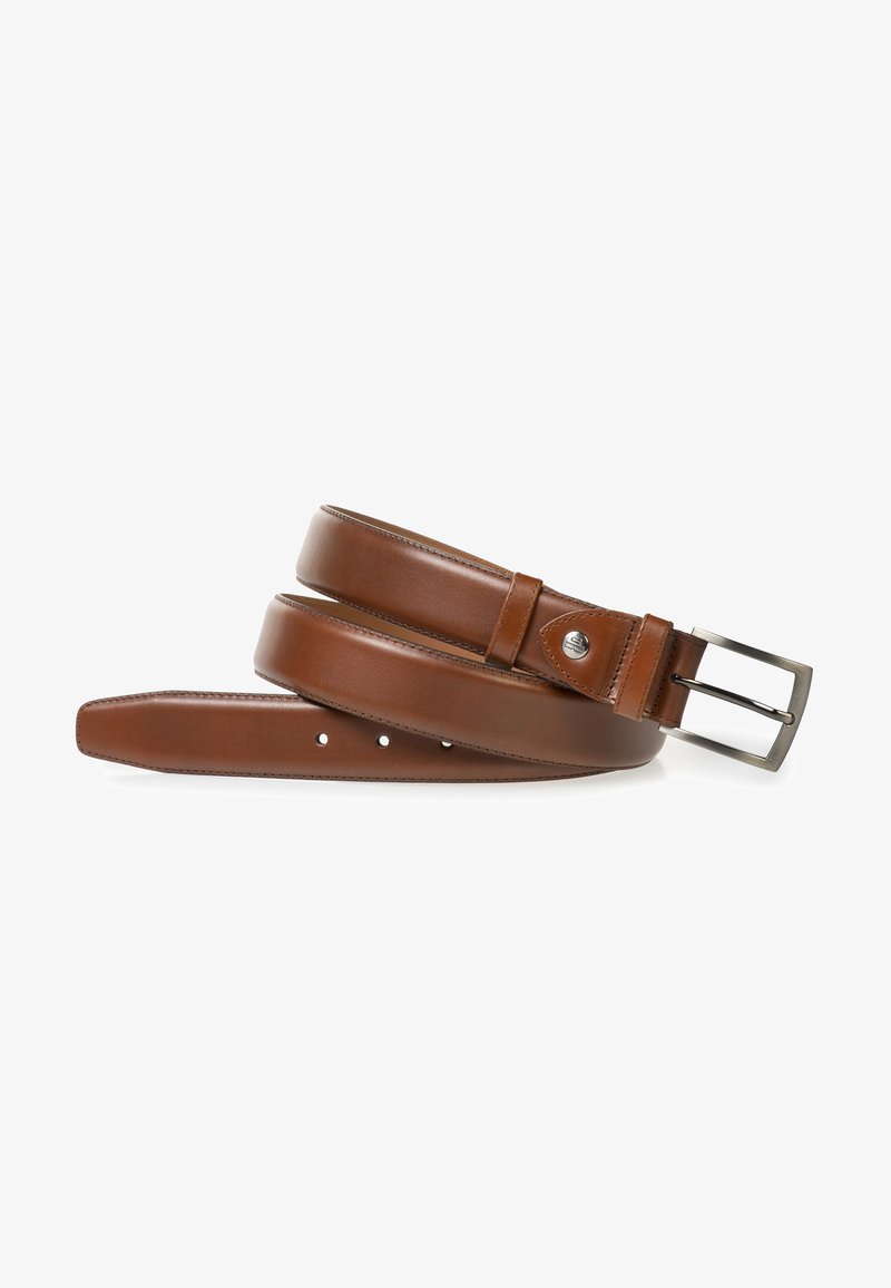 Brown leather belt with a smooth texture, featuring a silver metal buckle and multiple holes for adjustment, rolled in a loop.