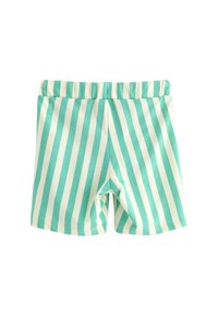 Ljusblå och krämfärgade randiga shorts med elastiskt midjeband, tillverkade av mjukt tyg; har vertikala ränder av olika bredder.