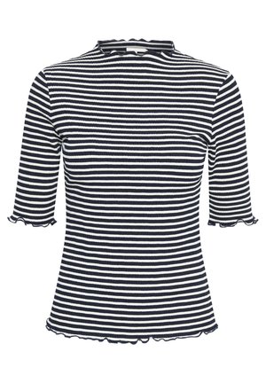 Striped short-sleeve top in navy and white, made of ribbed fabric. Features a high neck and ruffled edges on sleeves and hem.