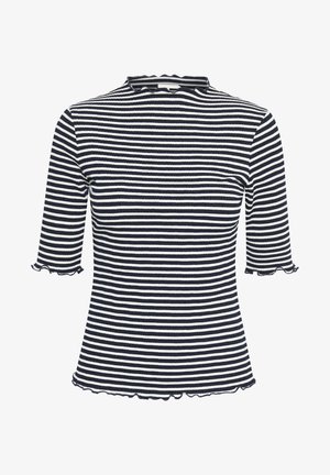 Črtasta majica s kratkimi rokavi v mornarsko modri in beli barvi, izdelana iz rebercaste tkanine. Ima visok ovratnik in naborke na rokavih ter robu.