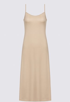 Beiges Midi-Nachthemd mit dünnen Trägern, aus glattem Stoff gefertigt, mit einem einfachen, minimalistischen Design und einem geraden Schnitt.