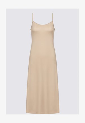 Beiges Midi-Nachthemd mit dünnen Trägern, aus glattem Stoff gefertigt, mit einem einfachen, minimalistischen Design und einem geraden Schnitt.