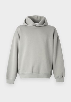 Hellgrauer Hoodie mit lockerer Passform, übergroßer Kapuze, langen Ärmeln sowie gerippten Bündchen und Saum. Glattes Material ohne Muster oder Akzente.
