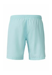 Lichtblauwe zwembroek van gladde stof, met een elastische tailleband en een comfortabele pasvorm, zonder zakken of extra accenten.