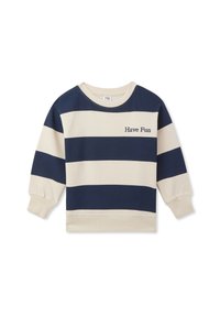 Felpa a righe blu navy e crema con scollo rotondo, maniche lunghe, polsini a coste e testo ricamato "Have Fun" sulla parte frontale.