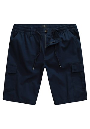 Navy blue cargo shorts made of lightweight fabric, featuring an elastic waistband, drawstring, button closure, and two side pockets.