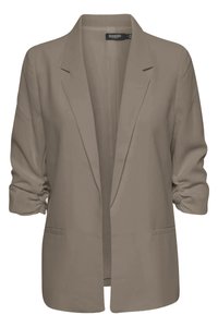 Blazer ouvert couleur taupe avec manches trois-quarts froncées et revers crantés, doté de deux poches avant et sans boutons.