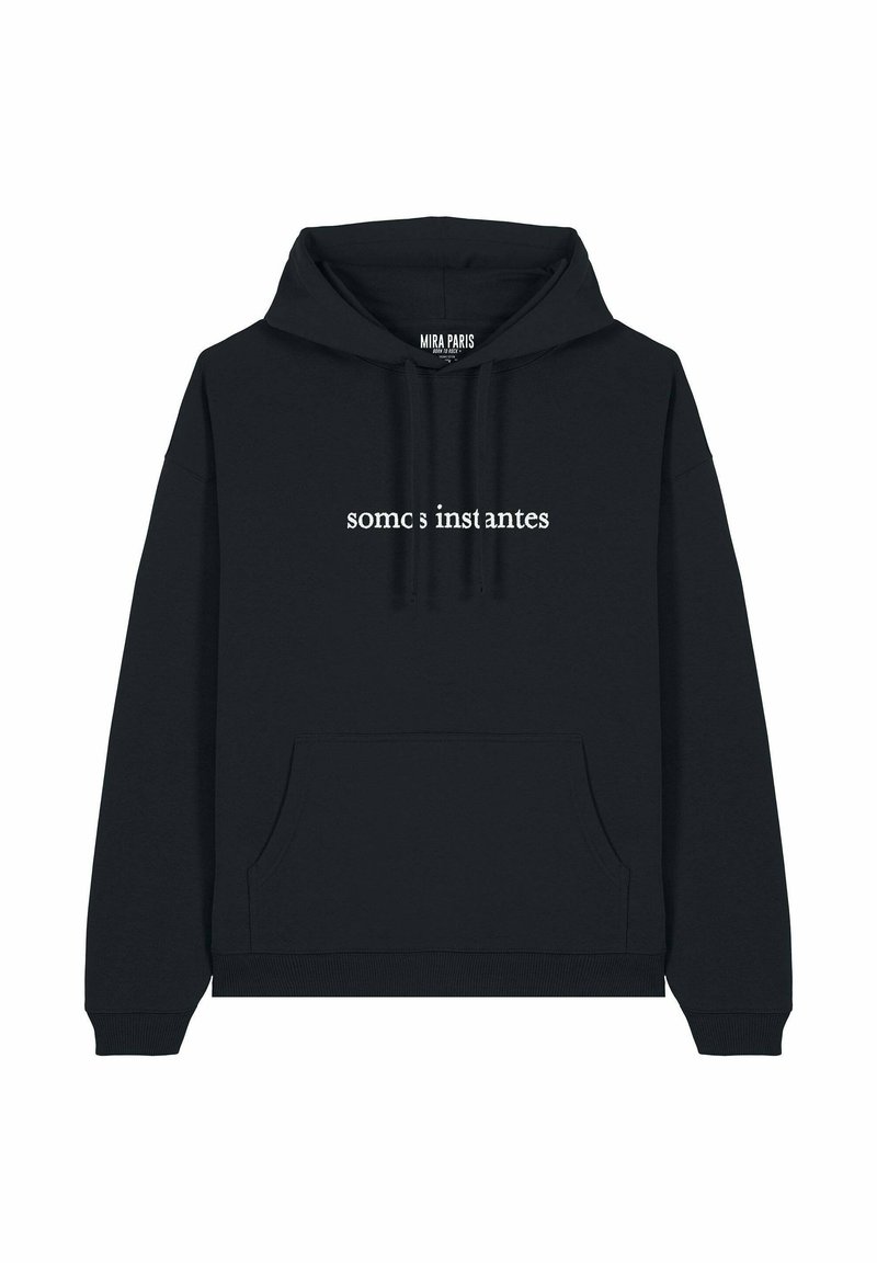 Felpa nera con tasca frontale, polsini e orlo a coste; presenta la scritta "somos instantes" in bianco sul petto; realizzata in tessuto morbido.