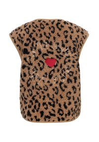 Beige fleece vest met luipaardprint, voorzien van een detail in de vorm van een rode hart en witte geborduurde tekst. Zachte textuur met een ronde halslijn.