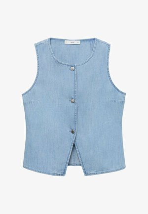 Jeansweste in Hellblau, mit rundem Ausschnitt, fünf silbernen Druckknöpfen und ohne Ärmel. Glatte Textur mit sichtbaren Nähten.