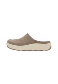 Brown suede clog with a rounded toe and a contrasting white midsole, featuring a textured surface and a subtle logo detail.