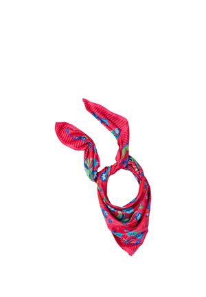 Hellroter Schal mit blauen und grünen Blumenmustern, locker gebunden mit zwei Enden, die nach oben gegen einen weißen Hintergrund ragen.