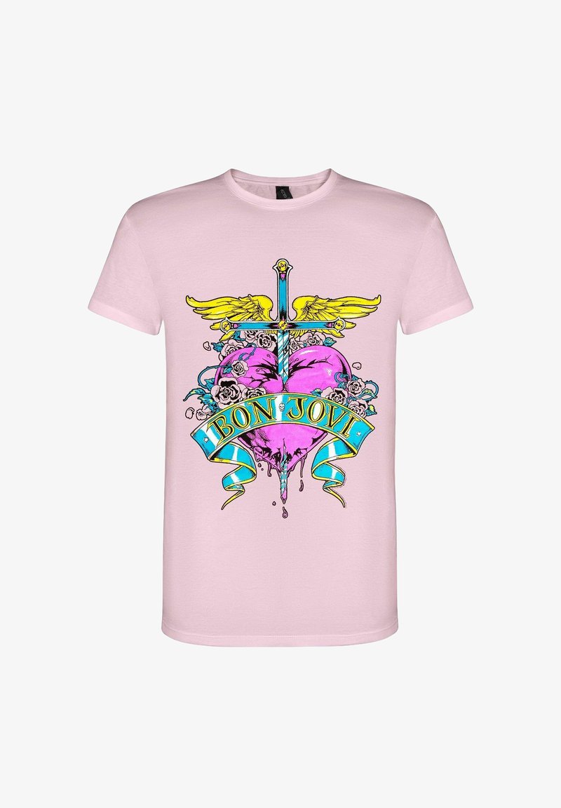 Jasnoróżowa koszulka T-shirt z kolorowym graficznym wzorem przedstawiającym miecz z skrzydłami, serce, róże oraz napis "BON JOVI" na niebieskiej wstędze.