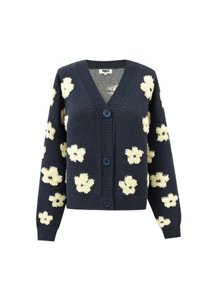 Marineblauwe cardigan met knopen, voorzien van getextureerde crèmekleurige bloemenpatronen verspreid over de voorkant en mouwen, geribbelde boorden en zoom.