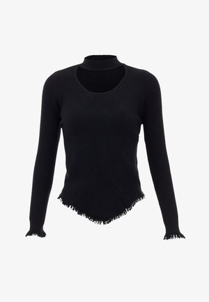 Zwarte geribbelde longsleeve top met een hoge kraag, voorzien van een uitgesneden halslijn en een rafelige zoom, wat een textuur en unieke silhouet creëert.