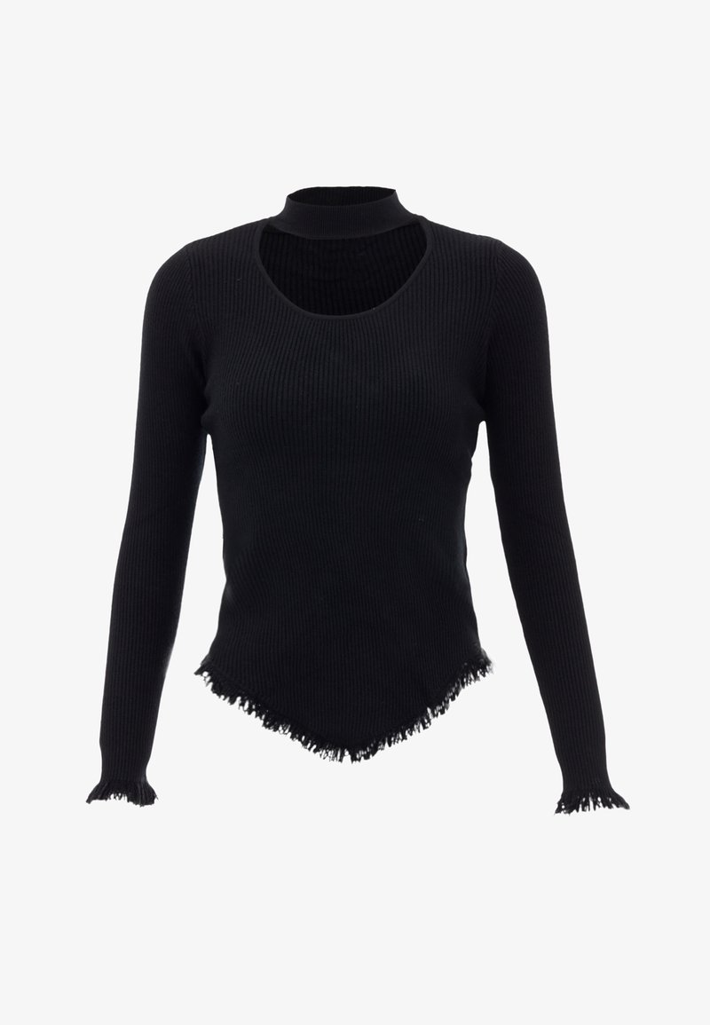 Černý žebrovaný top s dlouhým rukávem a vysokým límcem, který má výřez na výstřihu a třepený lem, čímž vytváří texturovaný a jedinečný siluetu.
