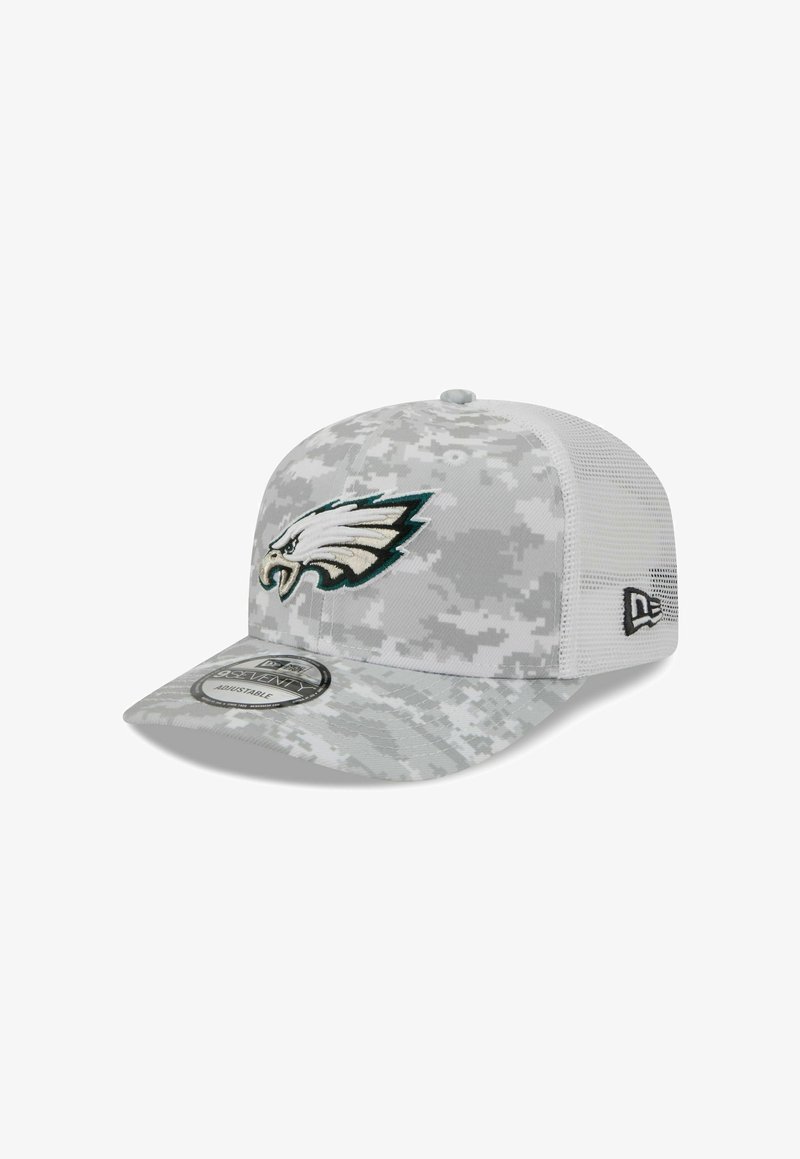 Gray camouflage cap with a structured design, embroidered eagle logo in green and white, mesh back, and an adjustable strap.