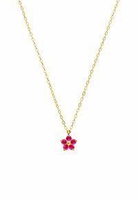 Gouden ketting met een bloemenhanger, bezet met vijf roze stenen, ronde vorm, gepolijst afwerking, delicate schakelontwerp.