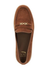 Brown suede loafers with a rounded toe, decorative gold chain accent, and a smooth interior lining. Flat sole with minimal texture details.