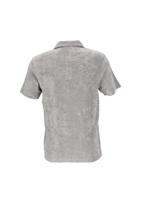Graues Polohemd mit kurzen Ärmeln aus weichem, strukturiertem Stoff, ausgestattet mit einem Kragen und einem schlichten, minimalistischen Design. Eignet sich gut für den Freizeitlook.