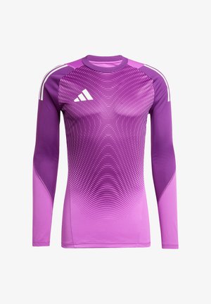 Maglietta sportiva a maniche lunghe in gradiente viola con un motivo a onde texture, caratterizzata da tre strisce bianche sulle spalle e un colletto rotondo.