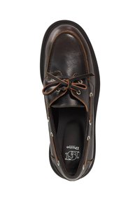 Dark brown leather boat shoe with a rounded toe, contrasting brown stitching, metal eyelets, and a lace-up closure. Smooth texture.