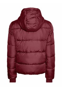 Kastanjefärgad puffjacka med quiltad textur, huva, ribbade manschetter och en kort silhuett, tillverkad av glansigt, vattenavvisande material.