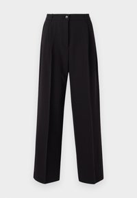 Black wide-leg trousers made from lightweight fabric. Features a button front, two side pockets, and a tailored waistband. No visible patterns.