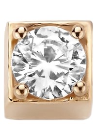 Un cristal rond transparent serti dans un boîtier carré en ton doré avec une finition polie. Présente deux petites accents arrondis aux coins opposés.