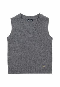 Szary bezrękawnik z dekoltem w serek, prążkowanym wykończeniem i subtelną fakturą. Zawiera małą złotą metkę przy dole.