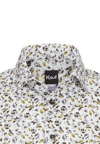 Weißes Hemd mit floralem Muster in Grau, Gelb und Schwarz. Verfügt über einen klassischen Kragen, eine Knopfleiste und ein Logolabel auf der Innenseite.