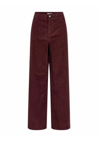 Wijde ribfluwelen broek in diep bordeauxrood, met een knoopsluiting en steekzakken aan de voorkant, met een gestructureerde afwerking en een rechte silhouet.