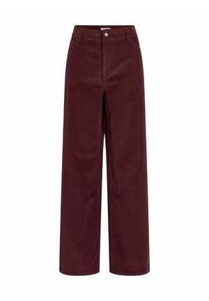 Pantalon large en velours côtelé de couleur bordeaux foncé, doté d'une fermeture à bouton et de poches frontales, avec une finition texturée et une silhouette droite.