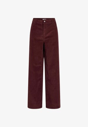 Vida manchesterbyxor i djupt vinrött med knappstängning och framfickor, med en texturerad yta och rak silhuett.