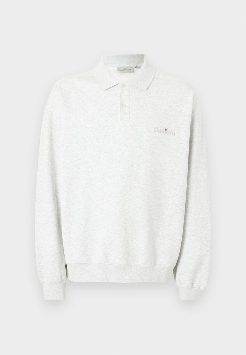 Langärmliges weißes Polohemd mit zwei Knöpfen und gerippten Bündchen, mit dezent besticktem Logo auf der Brust.