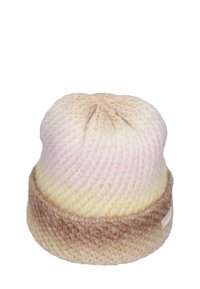 Strickmütze mit einem Farbverlauf von blassrosa zu Creme, abgeschlossen mit einem braunen Bündchen; weiche Textur und runder Oberseite.