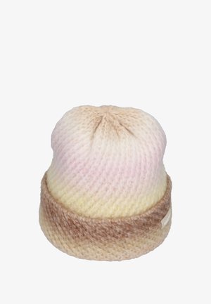 Strickmütze mit einem Farbverlauf von blassrosa zu Creme, abgeschlossen mit einem braunen Bündchen; weiche Textur und runder Oberseite.