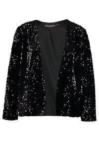 Černá saku potažená flitry s texturovaným povrchem, designem s otevřeným předním dílem a dlouhými rukávy. Hladká černá podšívka je viditelná.