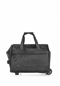 Czarna torba na kółkach wykonana z trwałego materiału. Posiada dwa uchwyty u góry, przednią kieszeń na zamek błyskawiczny oraz kółka, które ułatwiają transport.