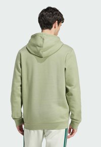 Ljusgrön hoodie med snörning i huva, mjukt material och ribbade muddar. Har en rak fåll och minimalistisk design.