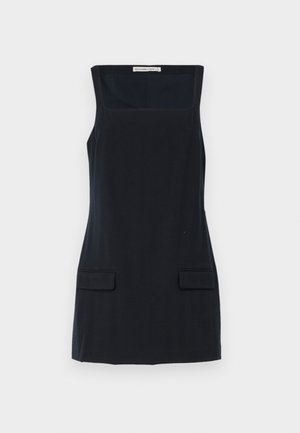 Rochie fără mâneci, de culoare bleumarin, cu decolteu pătrat, două buzunare frontale și textură netedă. Croială dreaptă, fără embellishments suplimentare.