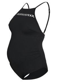 Costume da bagno maternità nero con design aderente, spalline regolabili, dettaglio cut-out anteriore e pannelli laterali texturizzati per comfort e supporto.