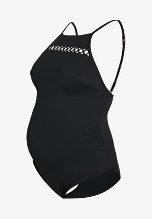 Crni kupaći kostim za trudnice s uskim dizajnom, podesivim trakama, detaljem izreza sprijeda i teksturiranim bočnim panelima za udobnost i potporu.